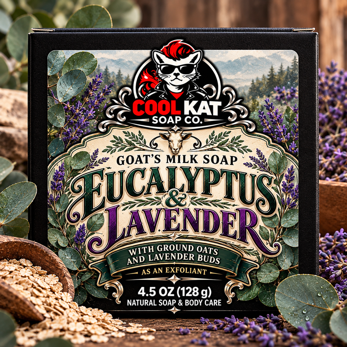 Eucalyptus and Lavender goat’s milk soap in black Cool Kat packaging, 4.5 oz.
