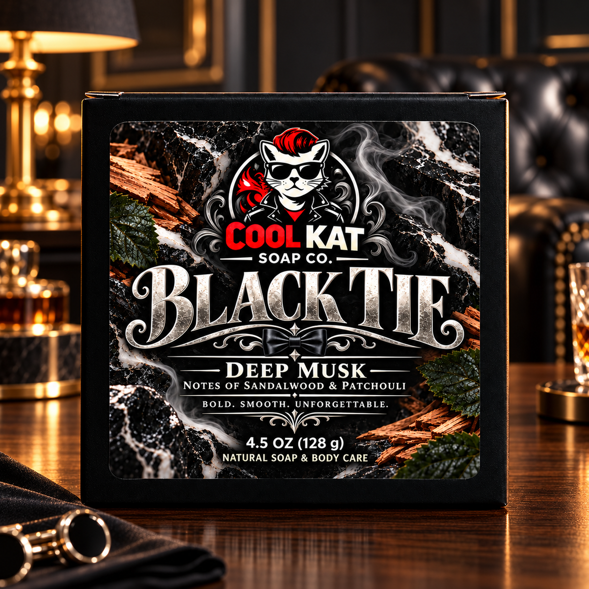 Black Tie soap in Cool Kat Soap Co. packaging in a dark lounge, 4.5 oz.