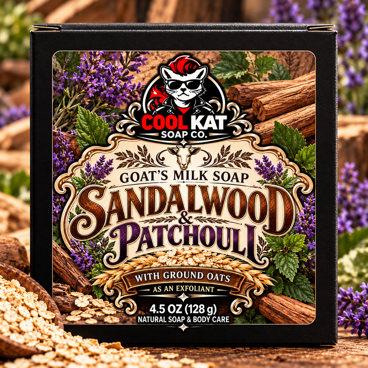 Sandalwood and Patchouli goat’s milk soap in black Cool Kat packaging, 4.5 oz.