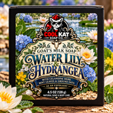 Water Lily and Hydrangea goat’s milk soap in black Cool Kat packaging, 4.5 oz.