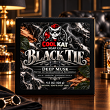 Black Tie soap in Cool Kat Soap Co. packaging in a dark lounge, 4.5 oz.
