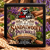 Sandalwood and Patchouli goat’s milk soap in black Cool Kat packaging, 4.5 oz.