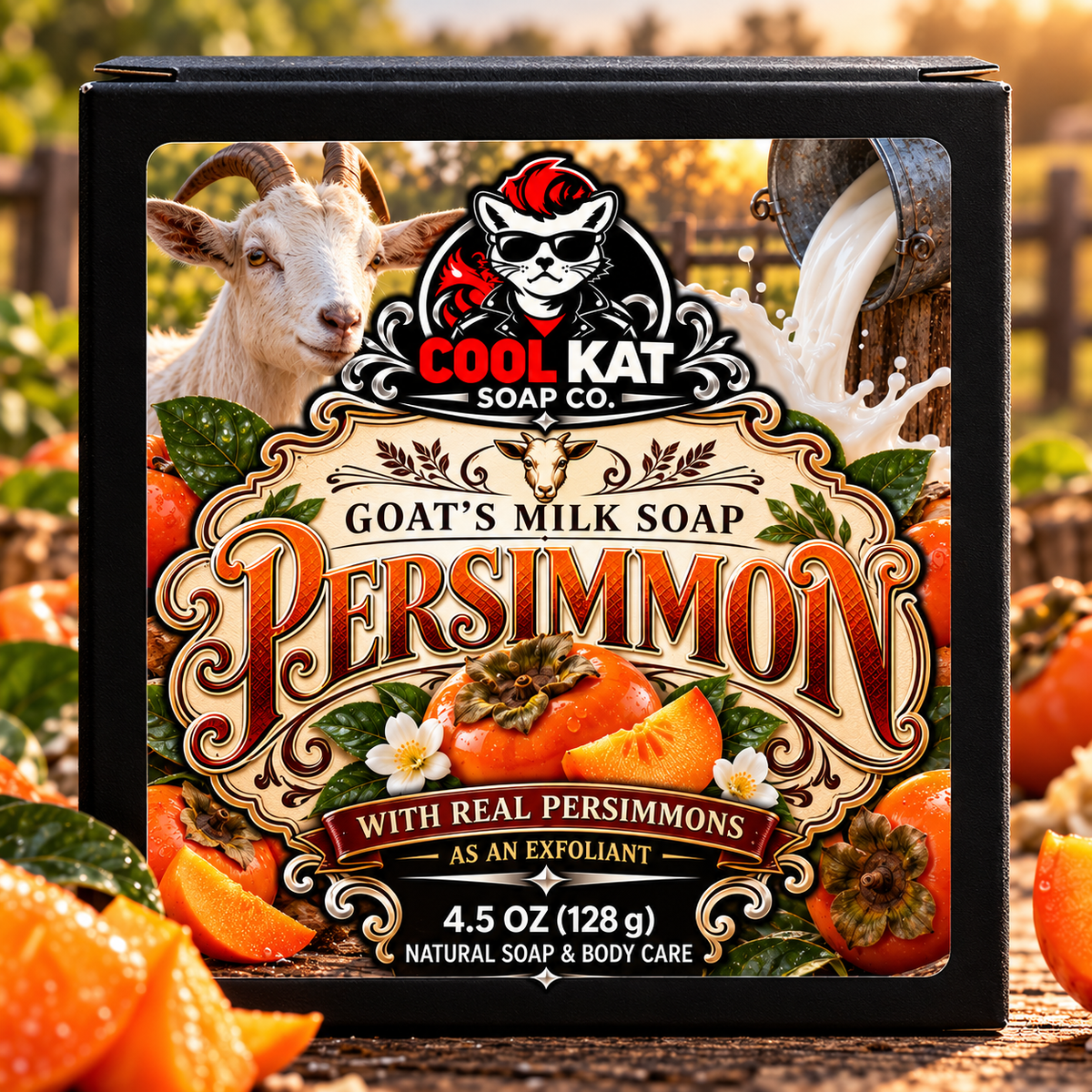 Persimmon goat’s milk soap in black Cool Kat packaging, 4.5 oz.