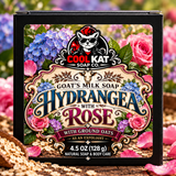 Hydrangea with Rose goat’s milk soap in black Cool Kat packaging, 4.5 oz.