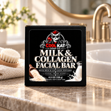 Cool Kat Milk & Collagen Facial Bar packaging beside a bathroom sink, 4.5 oz.