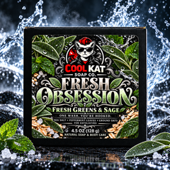 Fresh Obsession soap packaging with fresh greens and sage, surrounded by a water splash.