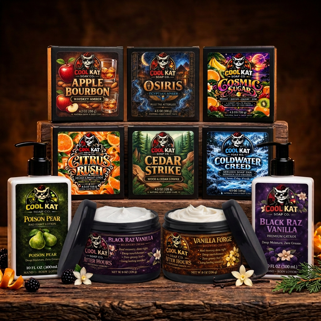 Cool Kat All-Star Bundle with six soaps, Poison Pear and Black Raz Vanilla lotions, and two open recovery cream jars showing white cream.