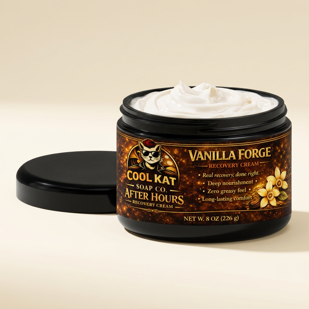Vanilla Forge Recovery Cream in a large black double-walled 8 oz jar, open to show white cream on a warm ivory background.